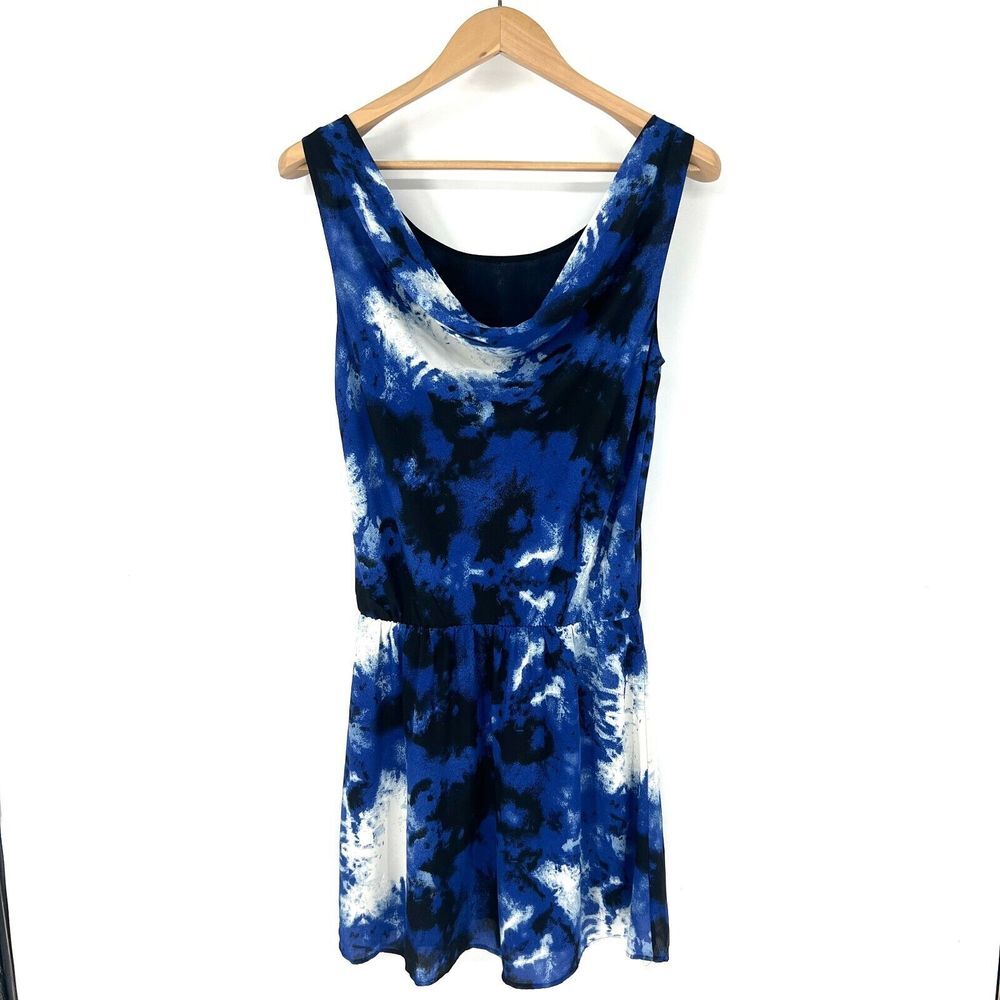 FOREVER 21‎ Cocktail Mini Dress M Blue Tie Dye Print Draped Back Wide Strap NWT
